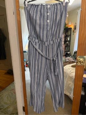 Bella Dahl Blue and White Strapless Linen-Blend Jumpsuit with Tie Waist